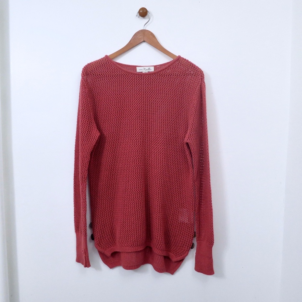Mesh Crochet Open Knit Tunic Cover Up Sweater in Soft Cherry Size 8 10 S/M
